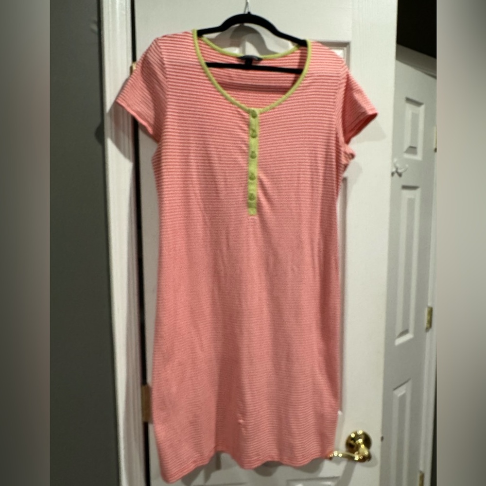 Land an end cotton pink stripe dress with lime green trim.  EUC size XL 18